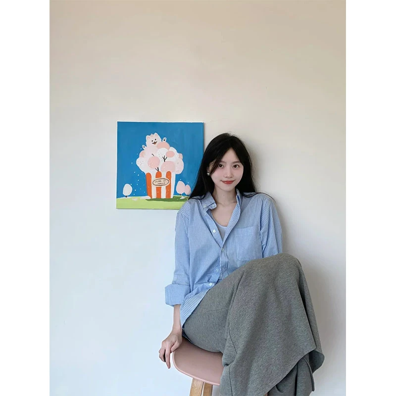 通勤风简约薄款长袖打底上衣宽松长袖条纹衬衫高腰显瘦休闲半身裙