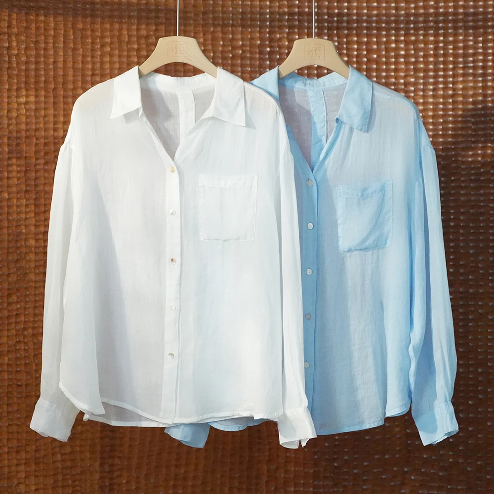 小翻领V领纯色苎麻衬衫 薄款宽松防晒开衫上衣 512TK