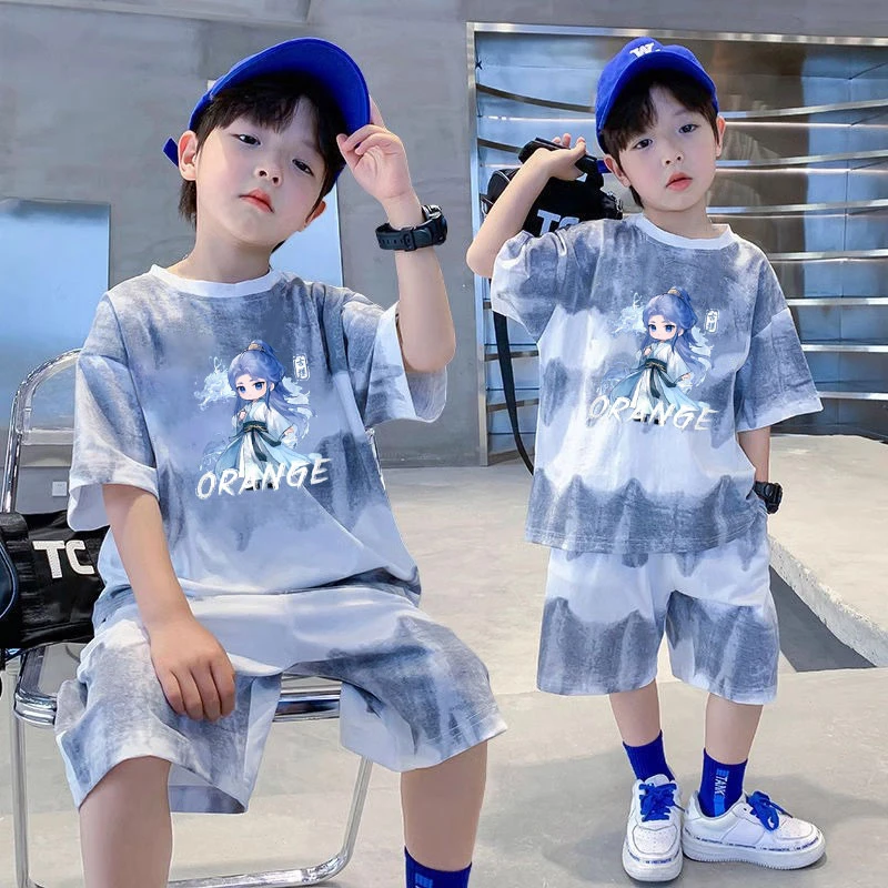 哪吒男童扎染短袖套装夏季2025新款儿童宽松夏装小男孩洋气两件套