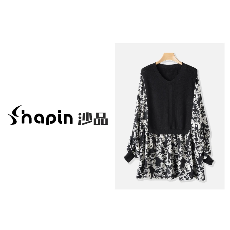 法式针织拼接印花圆领上衣灯笼袖宽松舒适假两件衬衫女QYG502