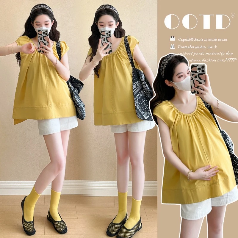 孕妇飞飞袖棉质宽松中长小衫夏季新款韩版百搭显瘦气质上衣女