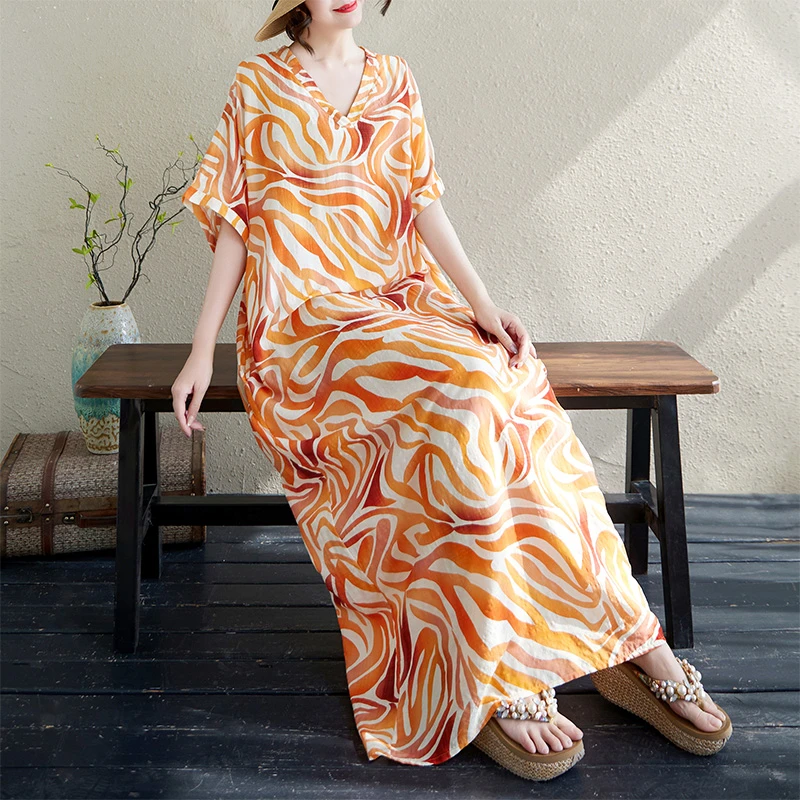 夏季薄V领黄色拼接条纹连衣裙棉麻宽松舒适文艺复古遮肉长款袍子