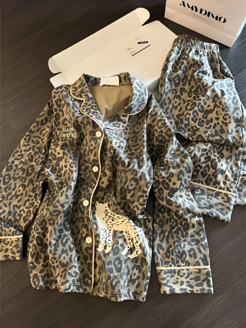 韩系轻奢复古豹纹睡衣女款春秋季慵懒风长袖长裤家居服套装可外穿