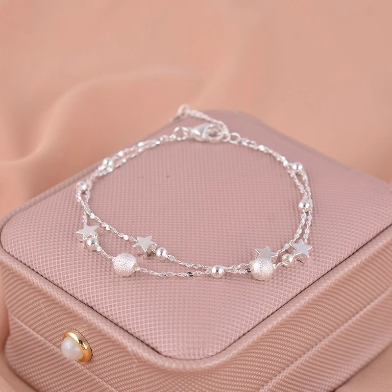 足银手链 纯银s999双层星星小众手链简约ins磨砂礼物闺蜜女友