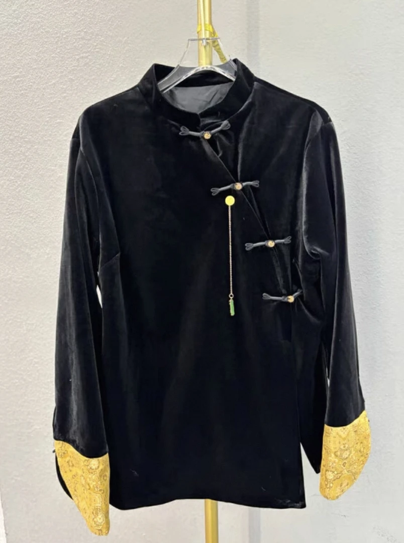 【崔】S0036新中式国风盘扣丝绒长袖衬衫女撞色高级感提花立领上衣