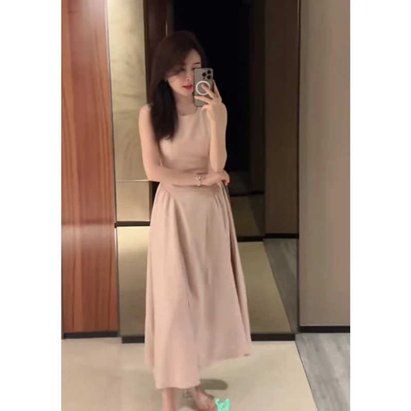 法式无袖背心裙超好看圆领连衣裙女夏季小个子显高收腰气质长裙子