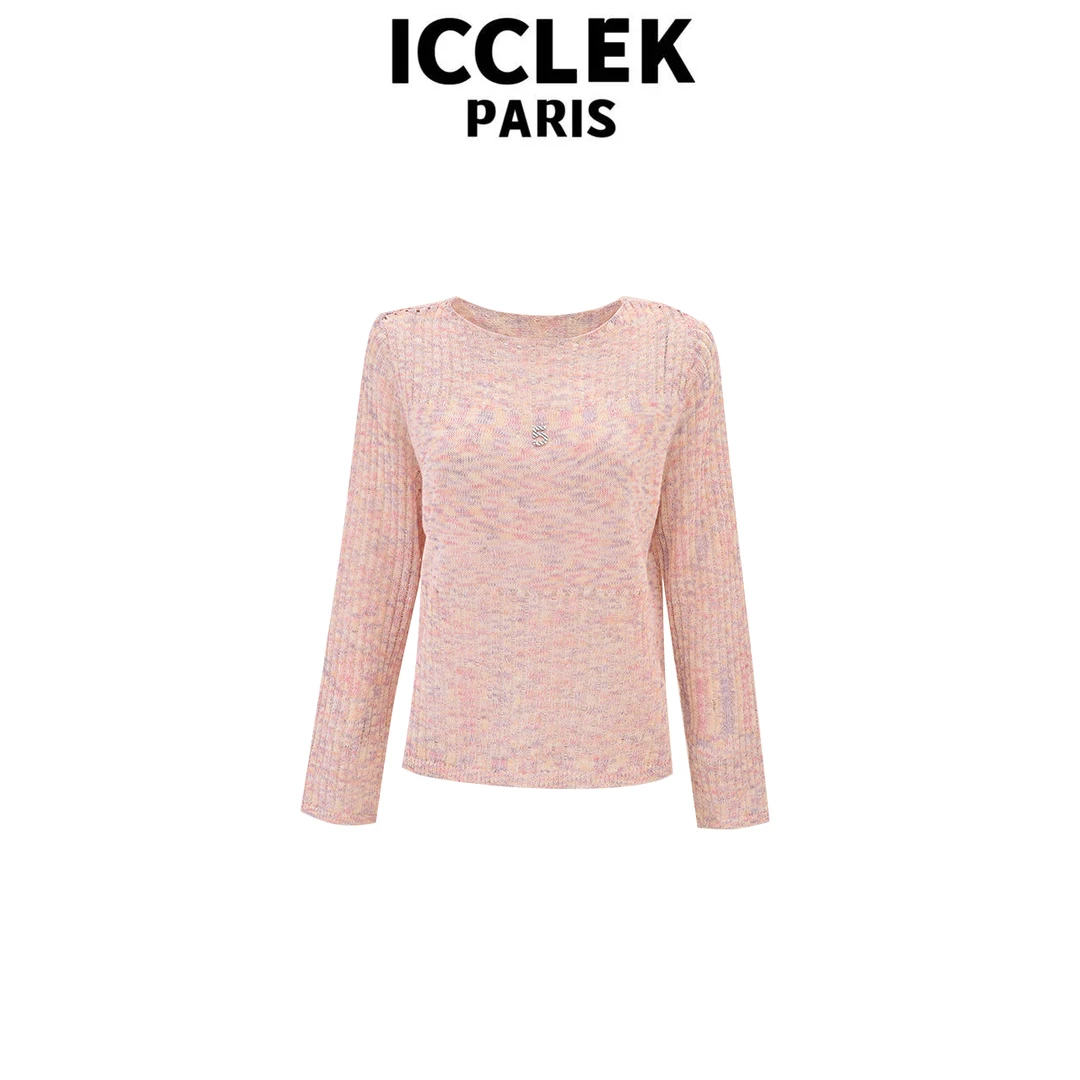 ICCLEK 粉色镂空长袖防晒薄款针织衫早春百搭气质通勤减龄 - 5573