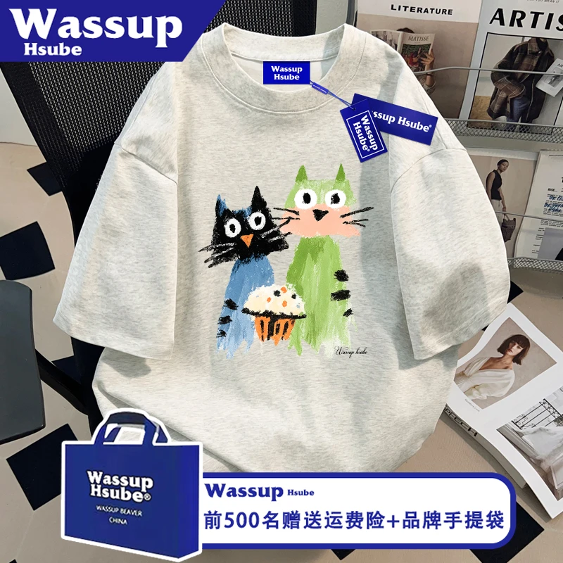WASSUP HSUBE涂鸦小猫印花纯棉T恤休闲风短袖夏男女ins白灰色上衣