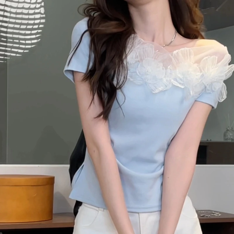 【夏季上新】时尚露肩拼接花朵不规则设计感收腰显瘦短袖上衣DM6671
