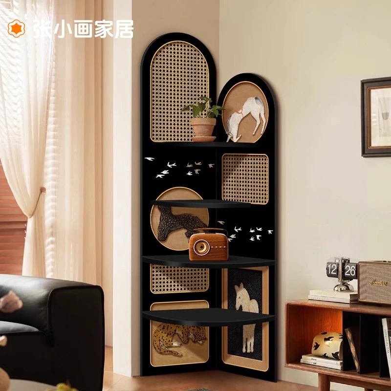 中古风客厅屏风转角置物架竖版落地三角柜复古墙角拐角多层收纳柜