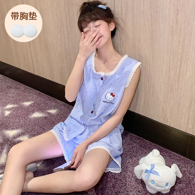 棉纱睡衣女士夏季背心甜美可爱胸垫一体式夏天无袖宽松套装家居服