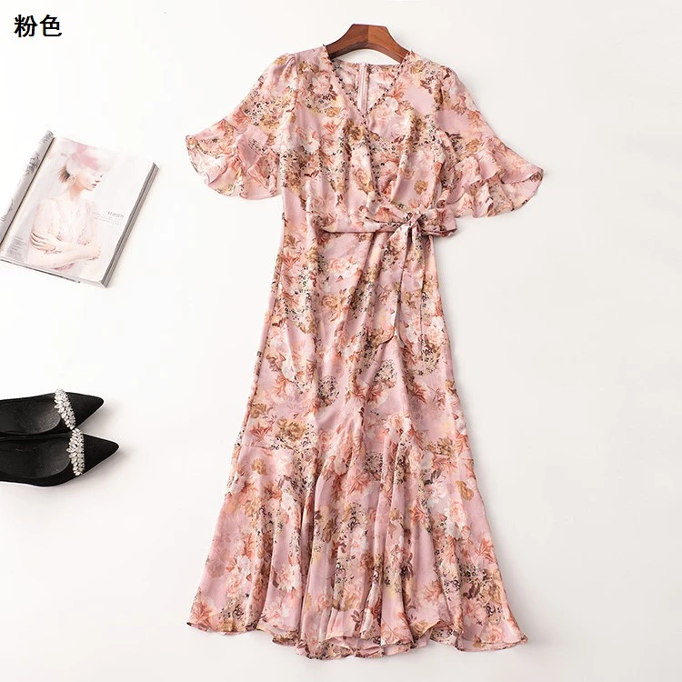 409556夏钉珠加长款五分袖V领连衣裙温婉大方衣服140-160斤法式