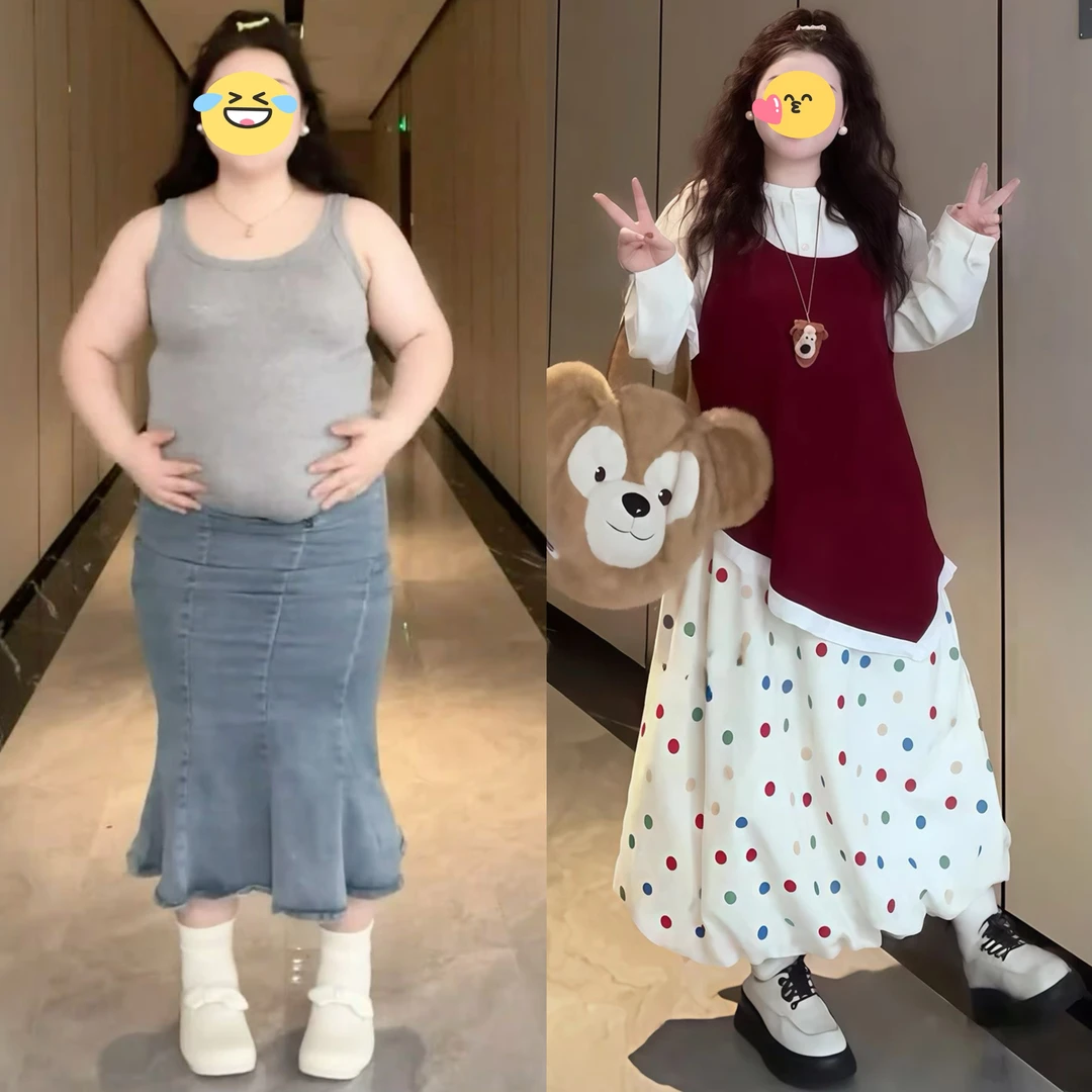 大码叠穿套装衬衫不规则马甲波点半裙三件套女胖mm秋季穿搭一整套