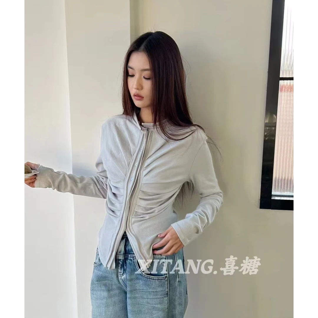 喜糖 福（1xt2441#）设计感捏褶！显瘦长袖T恤 4-5