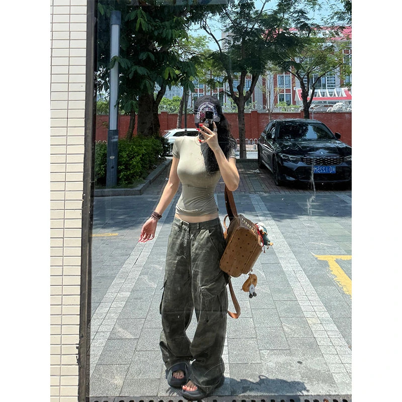 法式纯欲辣妹性感短袖T恤女装夏季显瘦迷彩休闲裤裤时尚两件套潮