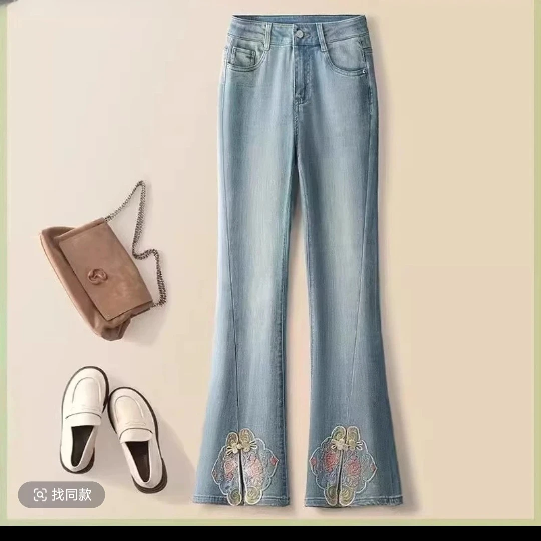 微喇牛仔裤女春秋夏季2025年新款显瘦开叉国风设计感高腰喇叭裤56