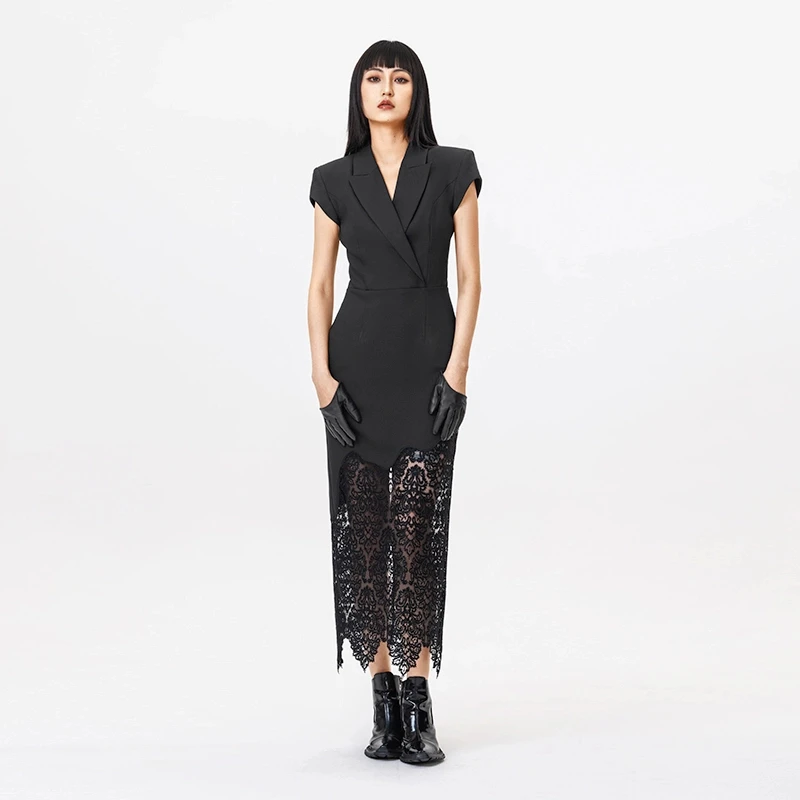 MAGGIE MA马婧设计师款连衣裙新款女黑色拼接蕾丝西装裙343D