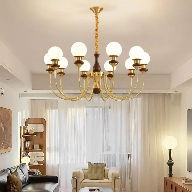 美式客厅吊灯中古风吊灯实木卧室餐厅复古魔豆胡桃木色玻璃吊灯