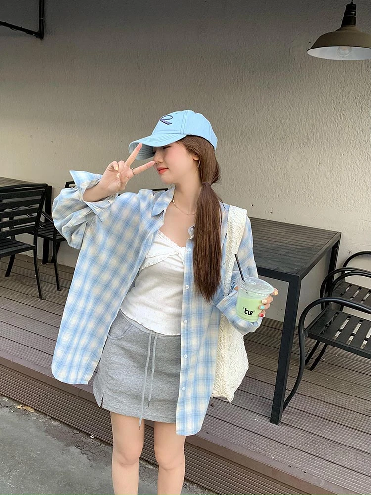 夏季薄款撞色格子衬衫韩版宽松百搭休闲设计感衬衣女防晒长袖上衣