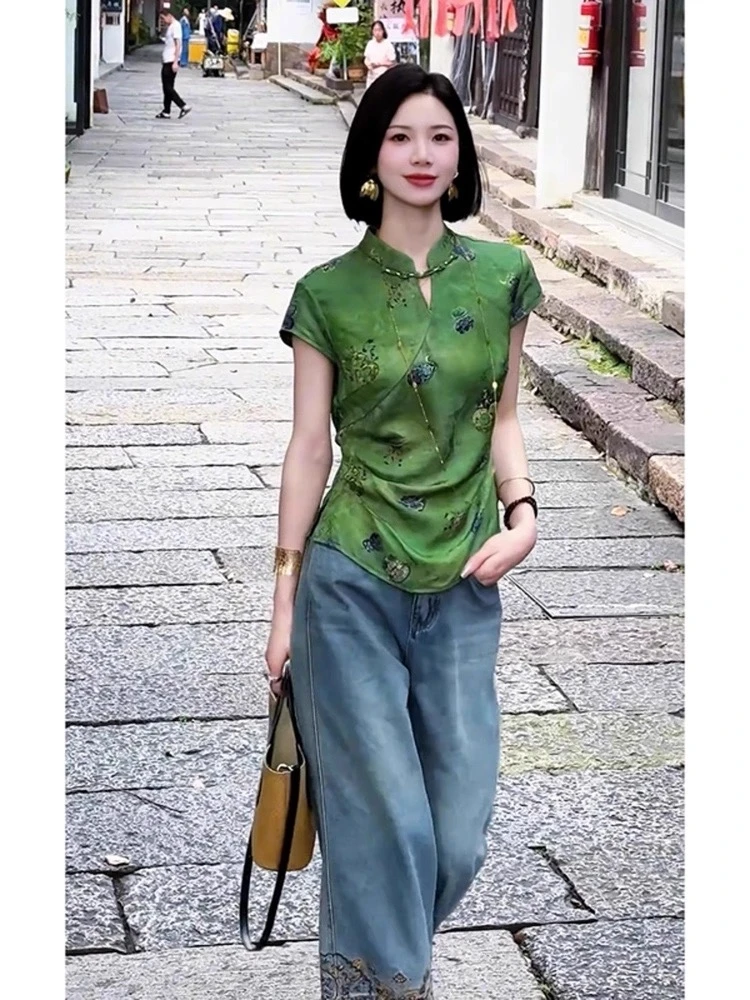 【小葫芦】新中式高定绿色盘扣短袖上衣