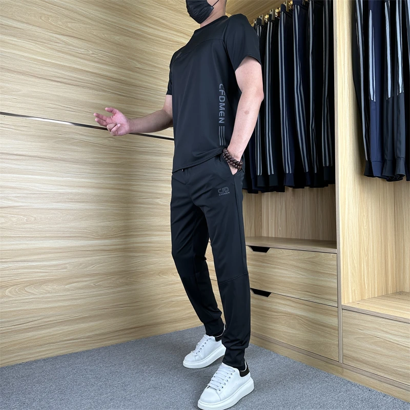 夏季新款商务冰丝户外休闲运动套装百搭舒适透气酷炫帅气套装AA03