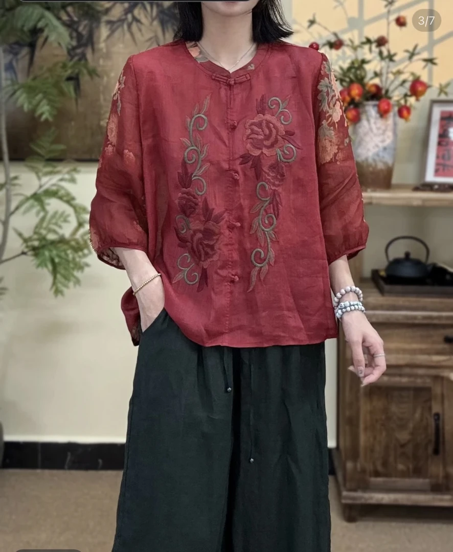 清欢美人【海棠】原创新款夏季盘口印花刺绣苎麻衬衫