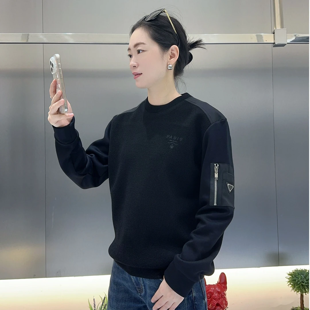 【周晓君】2025秋冬新款男士高端新潮帅气针织拼接休闲圆领卫衣拉绒