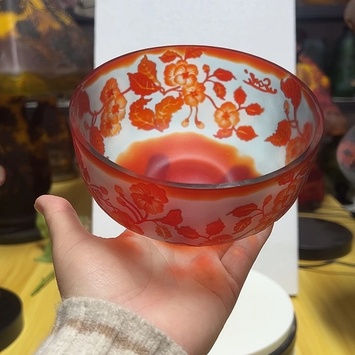 菟***花手工艺品琉璃红色砂雕花瓶花器高7口13