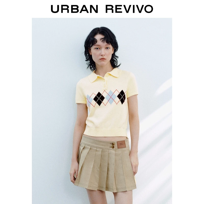 UR2026春季新款女装休闲学院风菱格短袖针织衫UYY950063