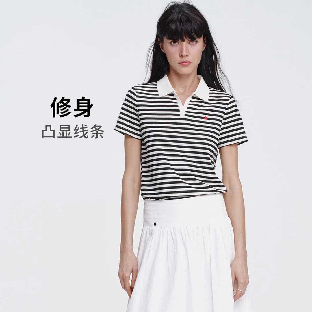 navigare意大利小帆船黑白条纹短袖polo衫女弹力修身T恤v领海魂衫