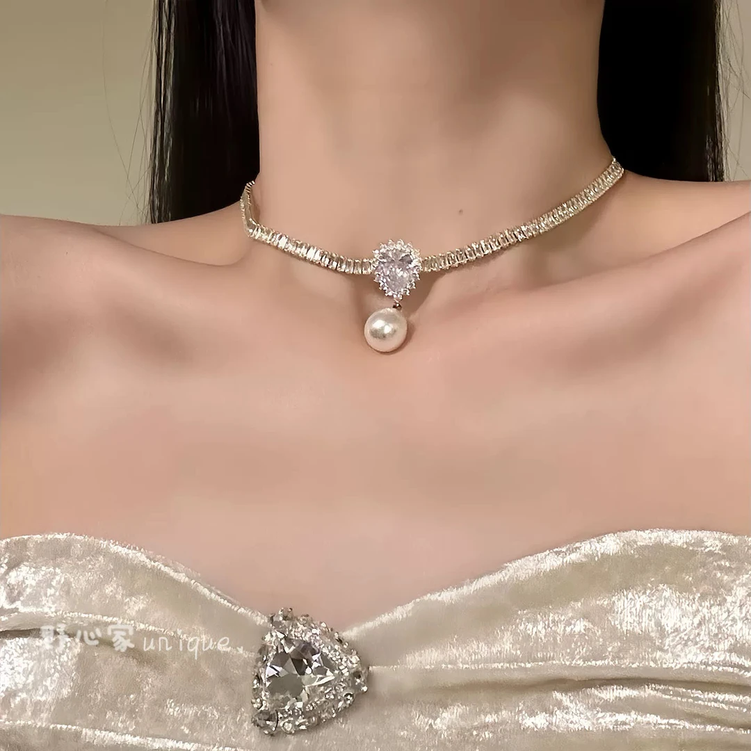 非金属仿水晶吊坠 【芬兰小姐】法式轻奢闪锆珍珠项链高级感锁骨链