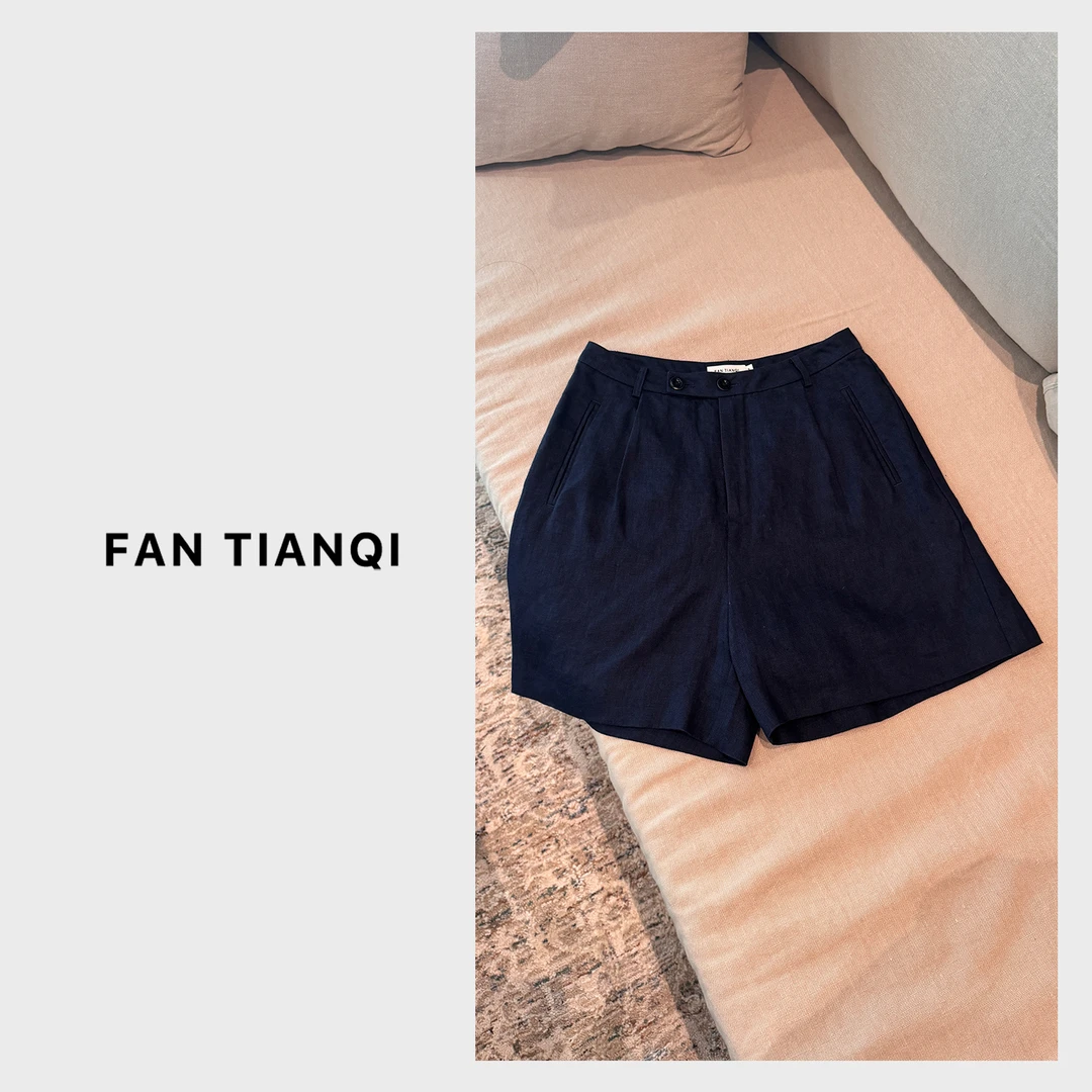 范天奇/FAN TIANQI【深海蓝短裤】亚麻老钱风宽松阔腿短裤FZNK55084
