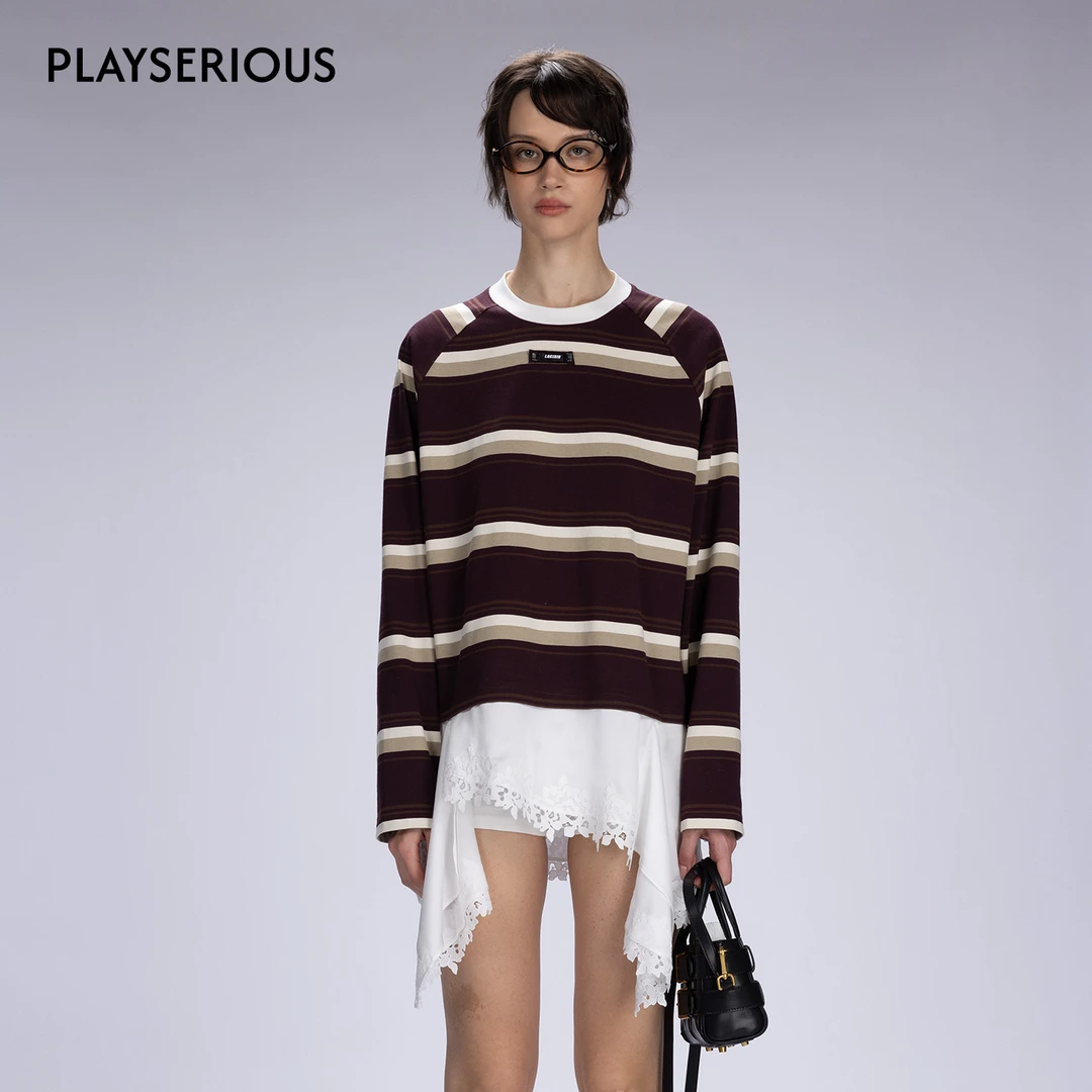 PlaySERIOUS LACERTA 2025秋冬新款条纹长袖圆领连衣裙蕾丝下摆