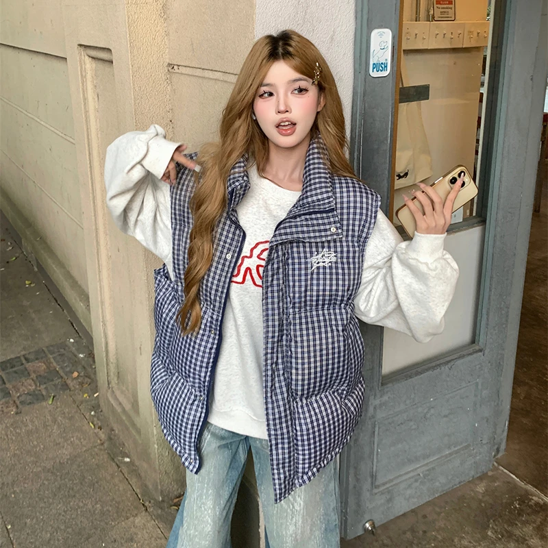 超好看 胖mm大码复古格子棉服马甲女秋冬学生叠穿时尚背心外套602
