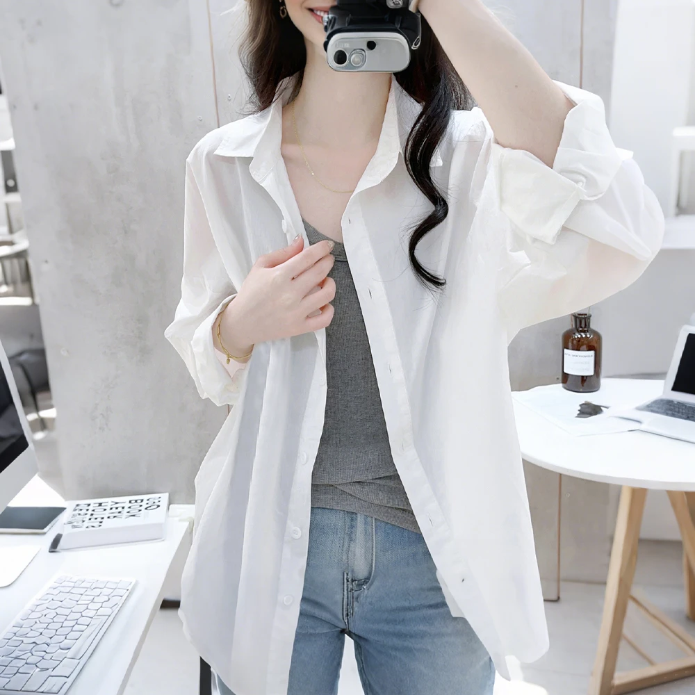polo领早秋白色薄款宽松长袖纯棉衬衫女士褶皱小众简约设计感上衣