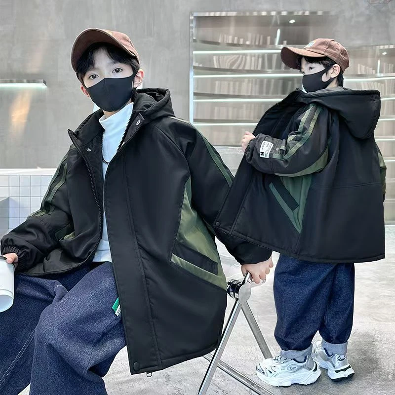男童夹棉外套韩版洋气二棉棉服中大童2025新款深秋初冬装薄棉风衣