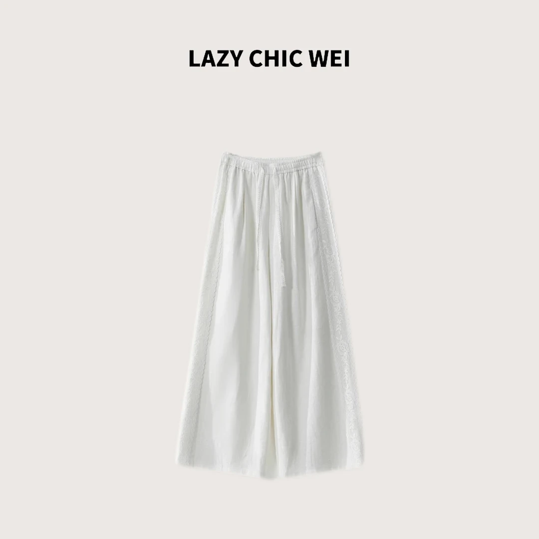 LAZY CHIC WEI 莱赛尔亚麻混纺蕾丝拼接松紧高腰阔腿裤 25SSW1162