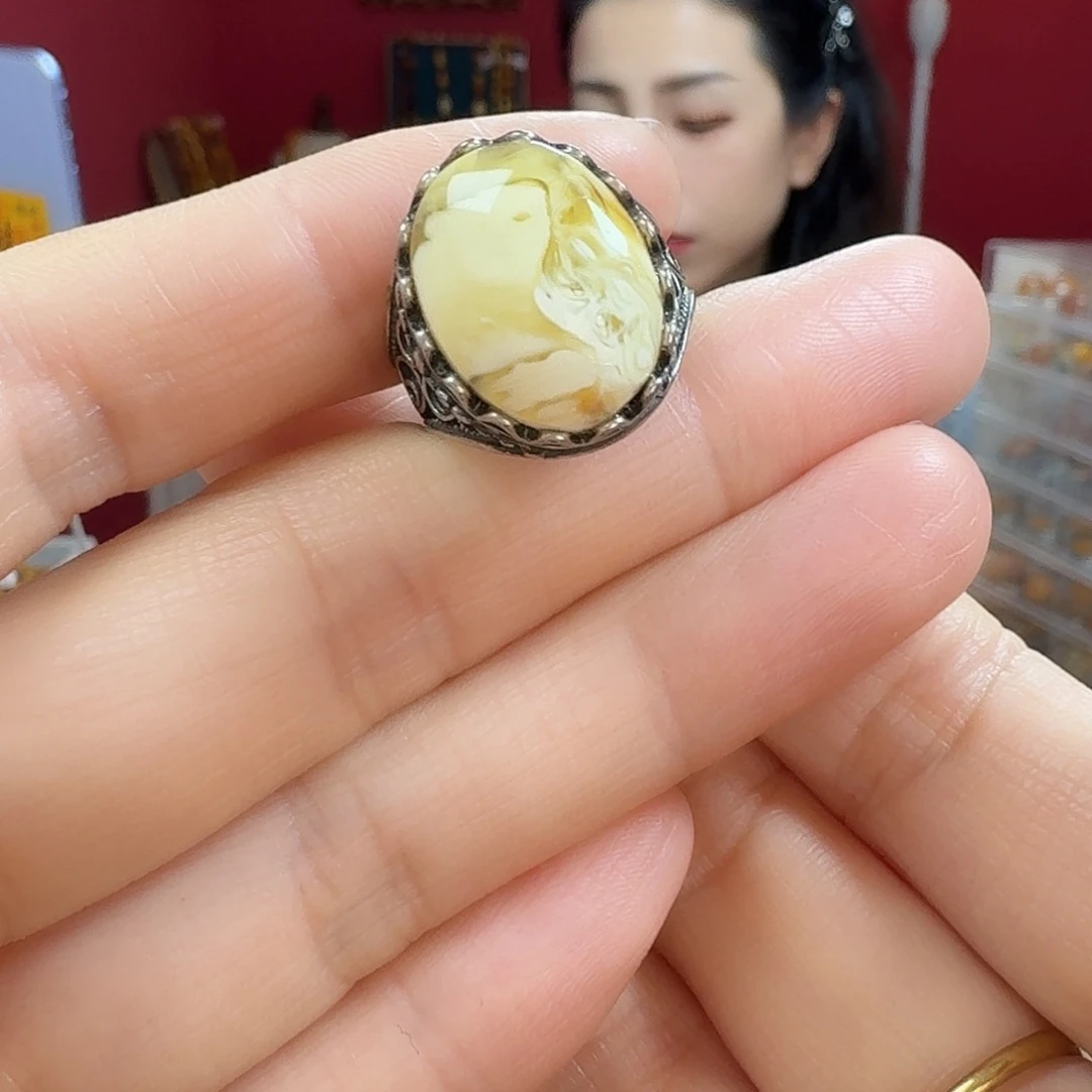 蜜蜡银S925镶嵌耳饰戒指