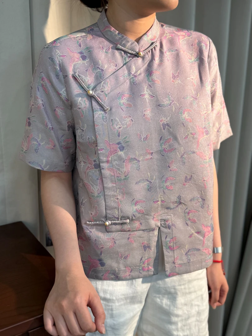 【七彩蝶】桑蚕丝织金异色罗斜襟珍珠扣国风气质短袖E89