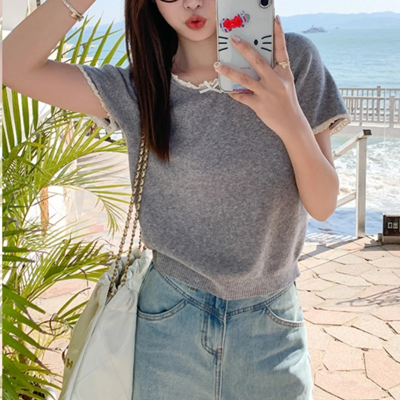 KANING蕾丝边拼接针织短袖T恤女2025春夏新品小个子韩版圆领短袖