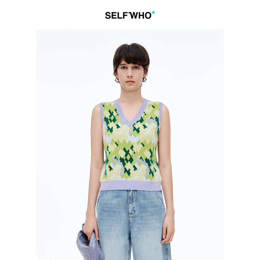 SELFWHO莱赛尔桑蚕丝混纺蘑菇马甲女2025夏季新款撞色V领修身马夹