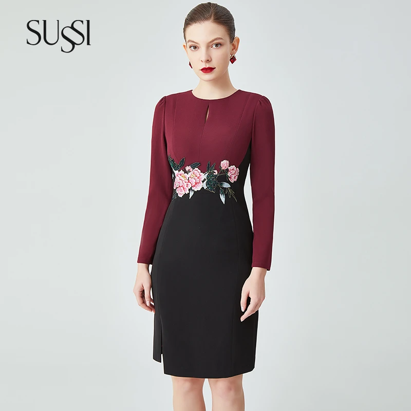SUSSI/古色25春雅丹风商场同款酒红拼接显瘦梭织连衣裙女