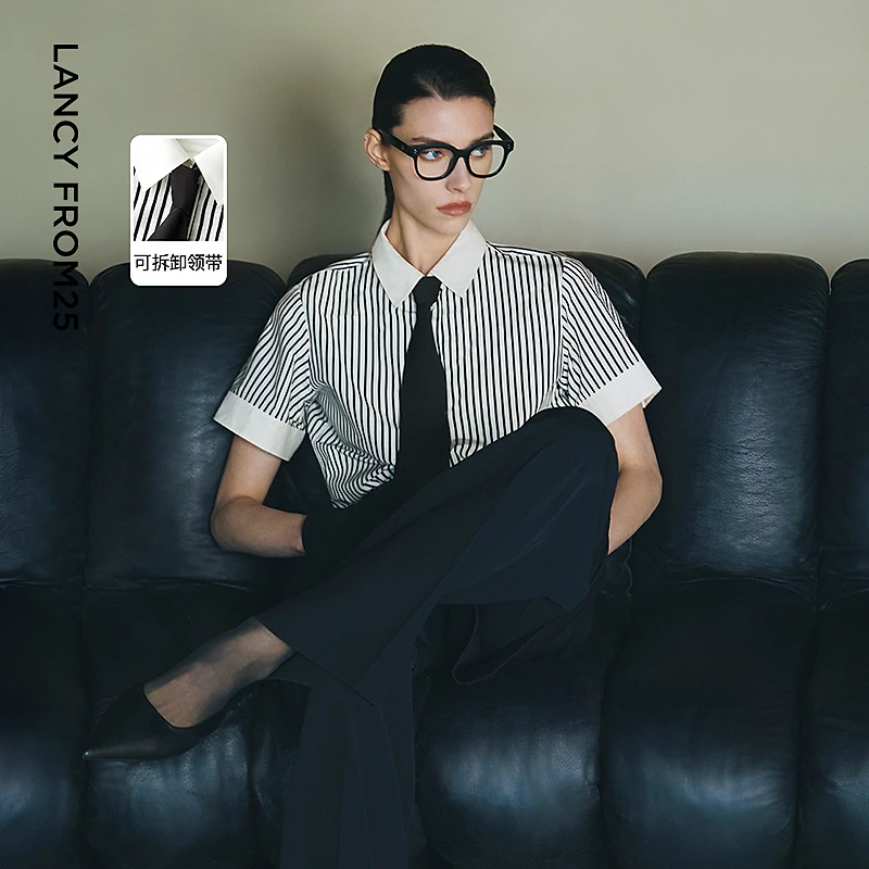 朗姿条纹法式polo领2025年夏新款通勤短袖衬衫时尚宽松日系上衣通