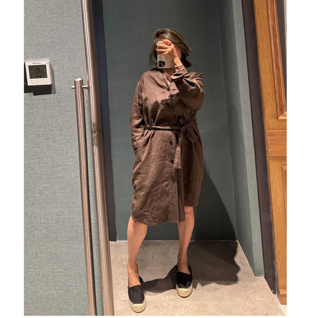 COCOLINDA | 100%亚麻老钱风系带衬衫裙Q3347