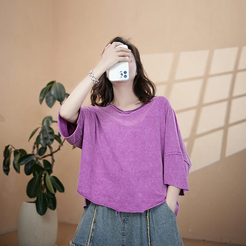 【Hty推荐】夏季短袖V领通勤休闲风拼接T恤百搭套头时尚短6073