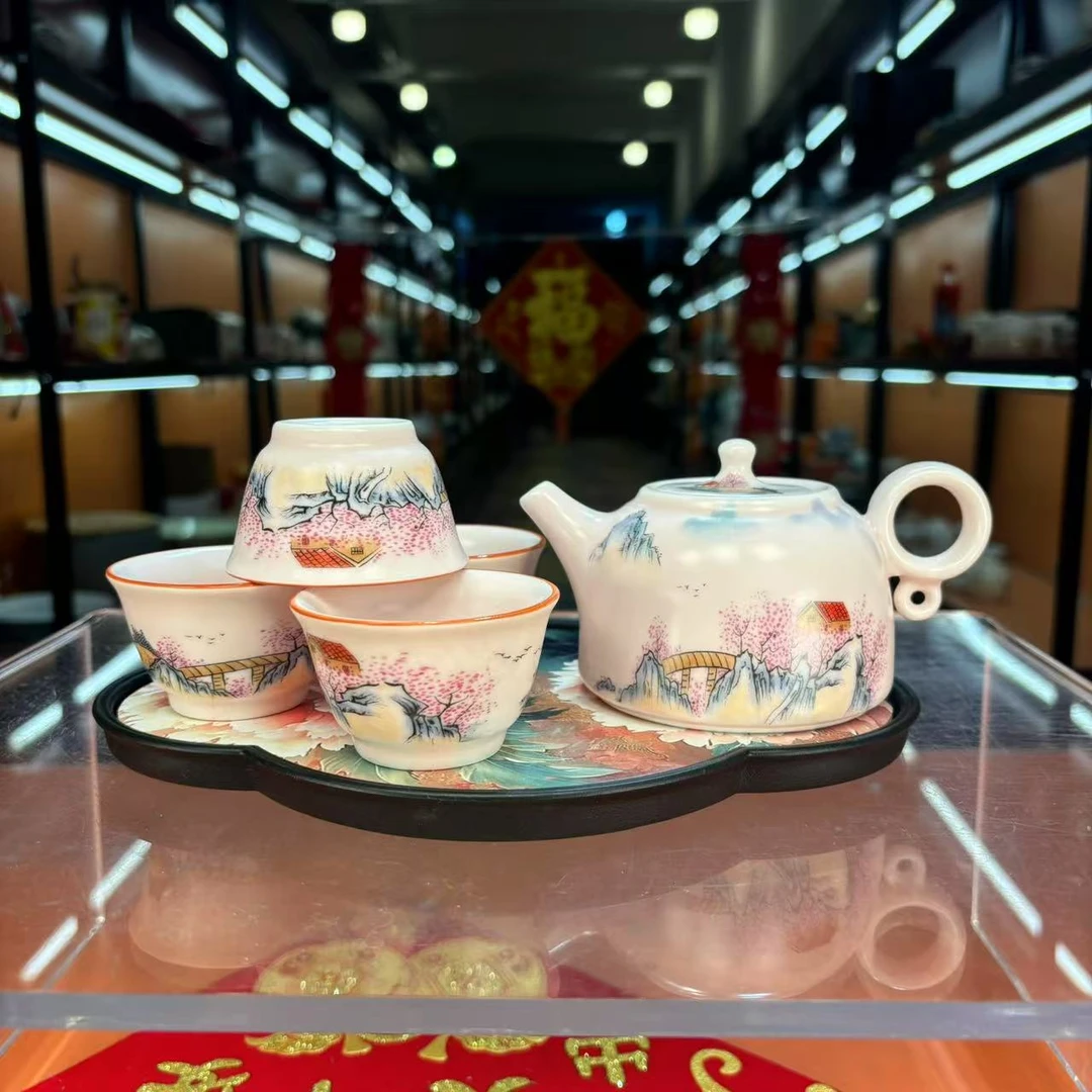 秋香茶具  粉色汝窑粉黛佳人山水人家德钟壶一壶四杯小套装-2137