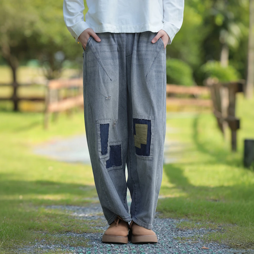 复古牛仔棉松紧腰休闲阔腿牛仔裤女秋季新品补丁做旧文艺宽松长裤