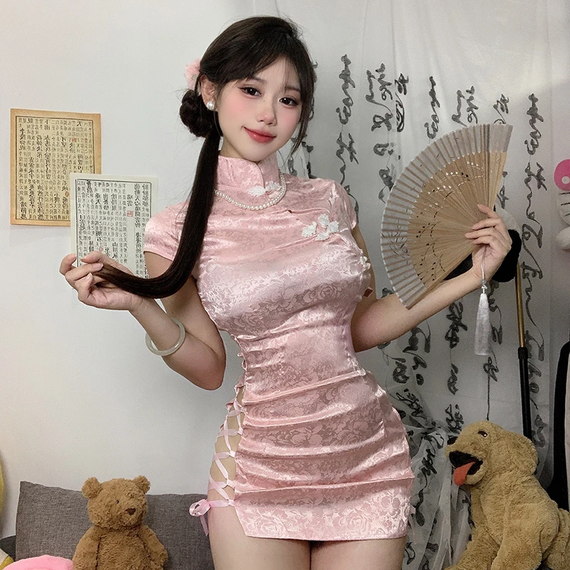 中华风旗袍桃花粉印花高开叉连衣裙性感复古修身绑带短裙气质少女