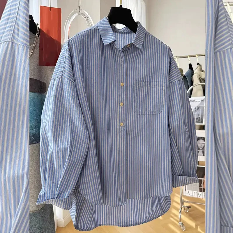 长袖衬衫女2025春秋新款胖妹妹设计感小众法式慵懒松弛感条纹上衣