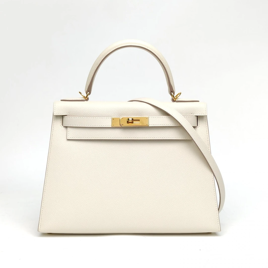 95新 Hermes/爱马仕 【黑黑】Kelly 28 奶昔白 X刻 金扣